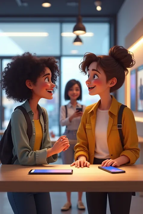 Image of Dinah  ( a laughing salesman )  flirting with Rota  (une fille)  in her Google Pixel store Ta Store. Tantely et Mahery (tous les 2 également vendeurs)  in the background .