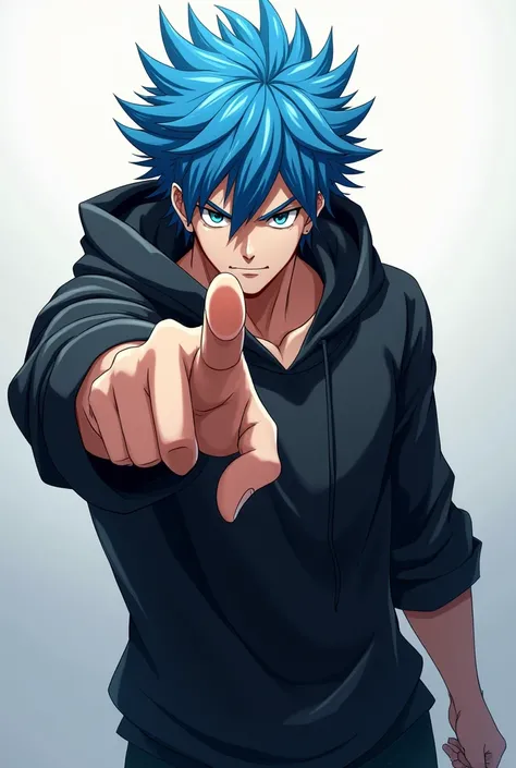 Generate anime character (tall boy) with blue hair wearing black hoodies pointing his finger to the screen (like he is targeting us and saying like "you")