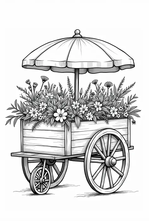 Design a vintage, wooden flower cart with wheels, filled with bouquets and bunches of wildflowers and exotic blooms. Add small details like garden tools, little name tags for flowers, and a parasol attached to the cart. line art, black outline, coloring bo...