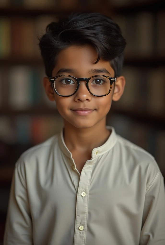 Generate an image of an Indian boy with a confident and composed demeanor. He has a medium build with a casual yet neatly groomed style. His skin tone is medium to warm, complementing his Indian heritage. He wears eyeglasses that suit his face shape, givin...