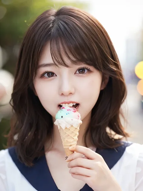    idol-like Japanese woman  ,Long Hair ,  straight hair, Round face ,  teeth、 in a dress decorated with intricate gothic art prints  ,   sailor suit ,     ,     cute Japanese woman  , ((Licking ice cream)),    ice cream cone, (holding    ice cream cone: 1...