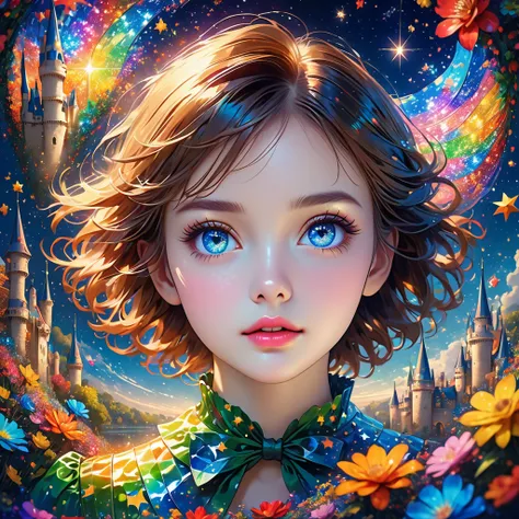 a girl in a starry night sky, peter pan and wendy flying through the stars, castles made of colored cellophane, shining colored cellophane stars, beautiful detailed eyes, beautiful detailed lips, extremely detailed eyes and face, long eyelashes, colorful f...