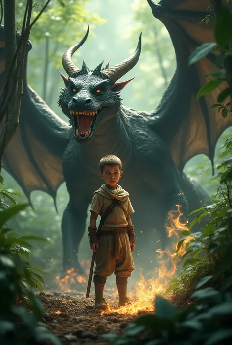 A boy stand in jungle with honour and seeing to angle his head is little lifted, behind his best friend dragon fire on enemy, a devil magician stand in corner