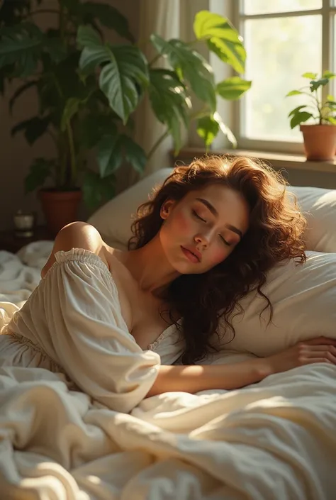 (photorealism:1.2), beautiful woman, sleeping on bed, wearing loose off-shoulder top, pajama pants, long curly hair, indoors, soft lighting, plants in background, window with sunlight, cozy room, relaxed pose, realistic, intricate details, warm colors, by ...