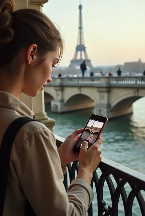 While they’re browsing the mall, the girl scrolls through her phone and sees a post of someone on a bridge in Paris.