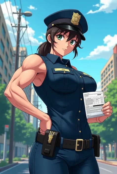 Very Muscle Woman cop inspecter  anime  give apeeding ticket to you  angry 