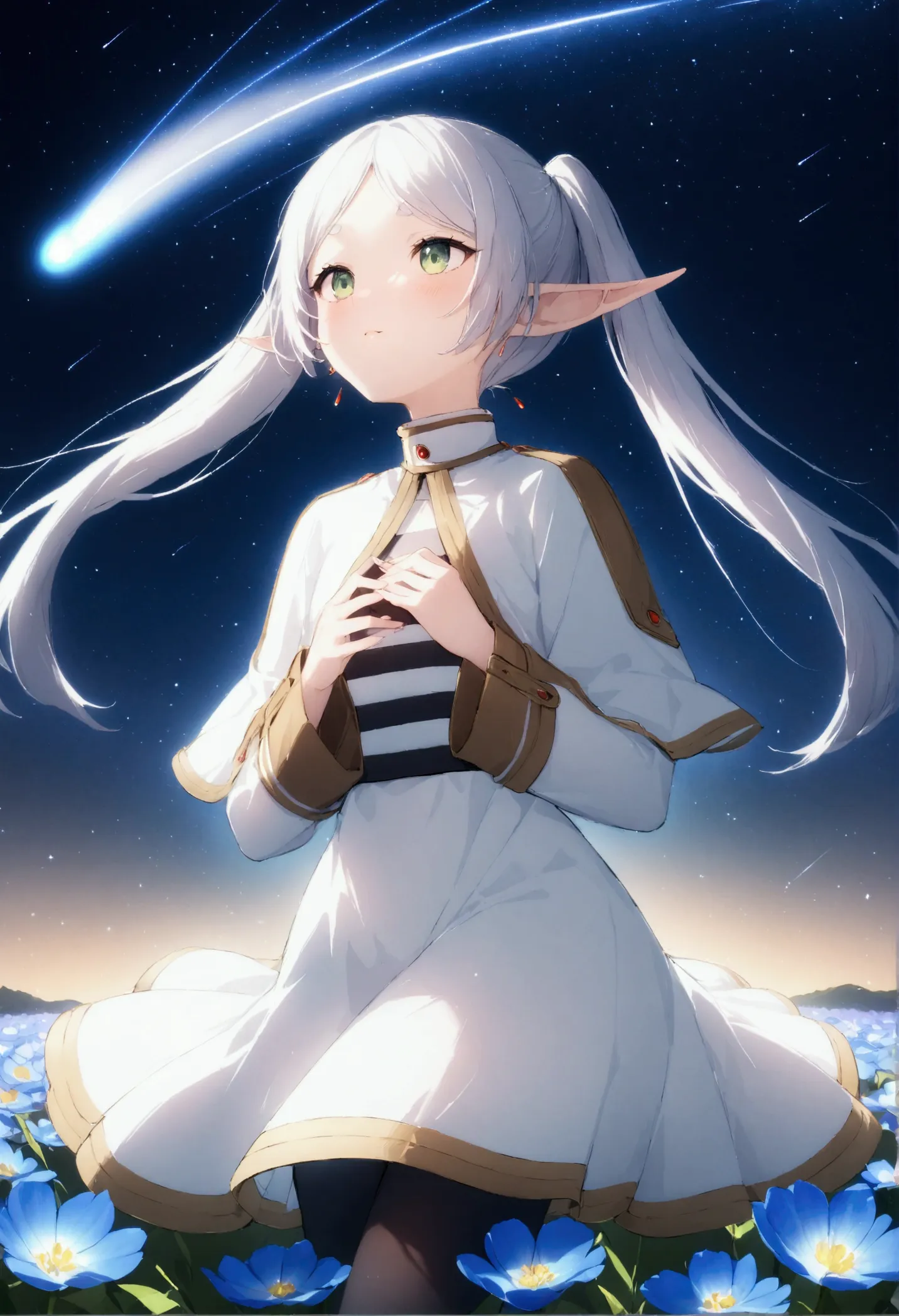  High image quality 、masterpiece、   high quality、Full HD、4K、 standing、 one girl sitting on the ground 、Side view、 Funeral Freelen、 Silver Hair、 twin tails、Green Eyes、Elf Ears、 White Dress 、 striped inner、skirt with gold hem 、Black tights、 flat chest、Blushi...