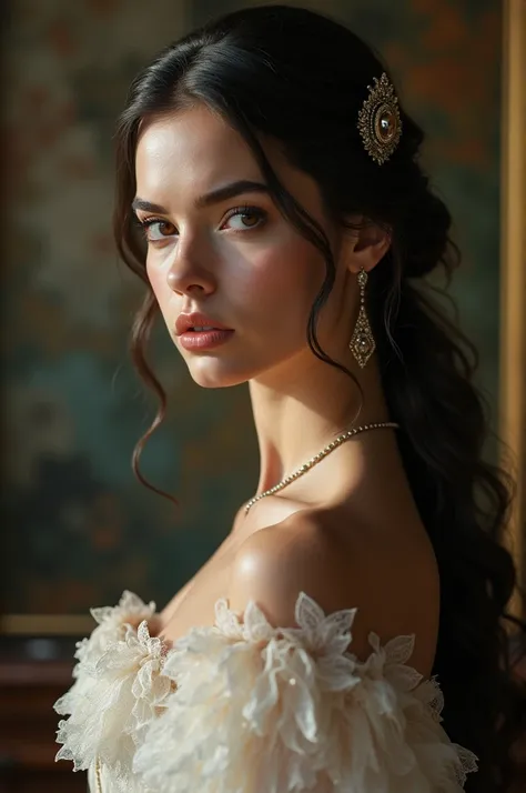 black hair, makeup, serious, scowl, jitome, disdain,  surrealism, Realism, pillarboxed, from behind, 8k, super detail, super detail, high quality,  highres icon, best quality, 16k, high details, UHD

A 19-year-old princess with long dark hair with a side h...