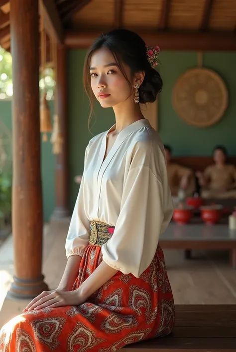 A beautiful young woman sitting on a traditional wooden bench in a rustic Thai house. She is wearing traditional Thai clothing, including a white blouse and a long, colorful skirt with intricate patterns. Her hair is styled neatly with traditional accessor...