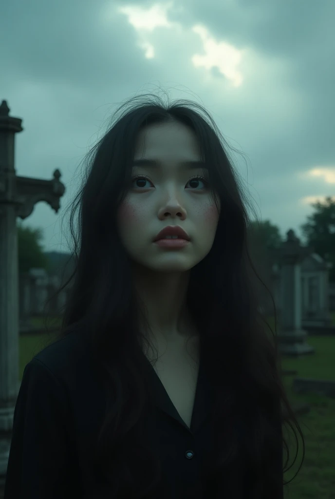 a beautiful indonesian detailed girl in graveyard looking up at the sky in fear, close up, photorealistic, cinematic lighting, dramatic atmosphere, hyper detailed, octane render, 8k, unreal engine, highly detailed facial features, intricate details, cinema...