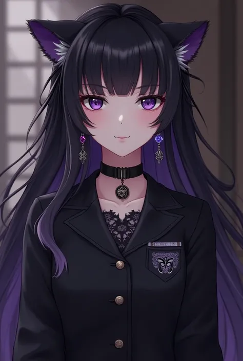  black hair long hair（ with loose waves on the tips 、Slightly Mysterious ）,  lace choker on the uniform ,  fair skin ,  crystal pendulum ,  lace choker on the uniform （ small moon and star charms ）Align、 black ribbon ties on the neck ,  A cute black cat-pa...