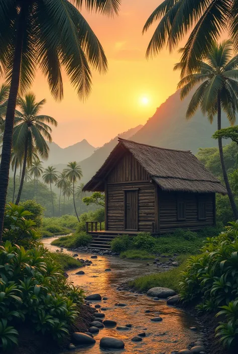  Simple wooden house ,  there are coconut trees around the house, sungai kecil,  pebble path , green mountain ,  orange sky at sunset .