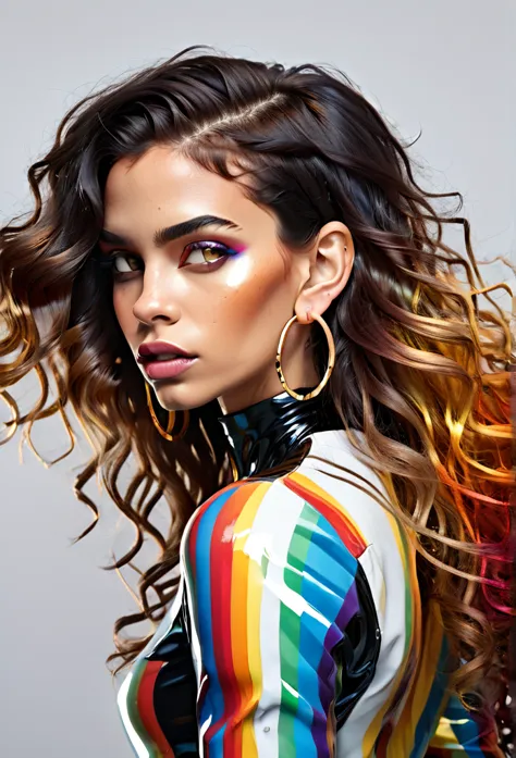 low-rise style 。  woman with black long hair 。  rainbow color 。  sharp face features 。  golden metallic skin 。  hands resting on...