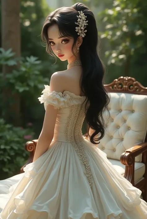 black hair, makeup, serious, scowl, jitome, disdain,  surrealism, Realism, pillarboxed, from behind, 8k, super detail, super detail, high quality,  highres icon, best quality, 16k, high details, UHD

A 19-year-old princess with long dark hair with a side h...