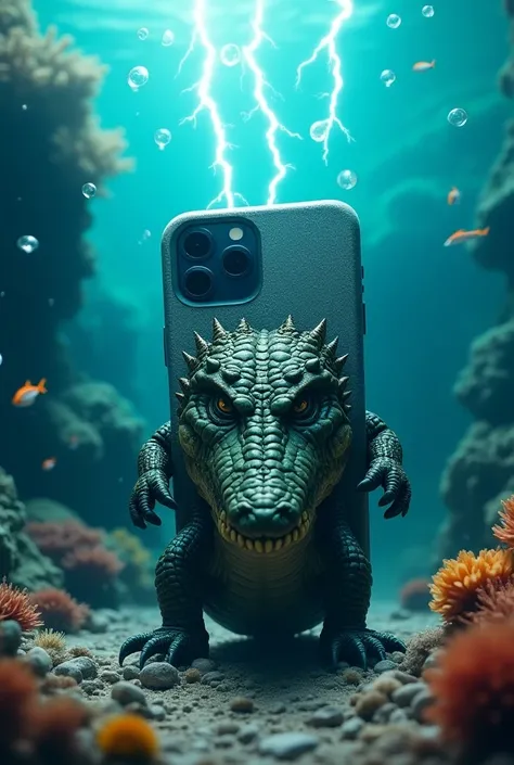 Underwater image of a iPhone 16  case guarded by  a crocodile and thunder strikes  bubbles .