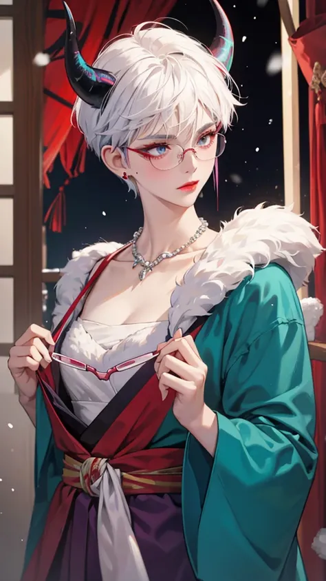 8k, masterpiece, best quality, highly detailed, 1 girl, devil, demon horns, warlock, pixie cut, white hair, multicolored hair, very short straight hair, red highlight hair on white hair, stippled hair, wearing glasses, round glasses, earrings, red eyeshado...