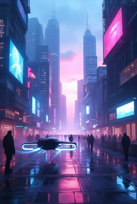 Visualize a sleek cityscape of the future, with towering skyscrapers adorned with neon lights and holographic billboards. Autonomous flying vehicles navigate between the buildings, leaving trails of light. People on the ground wear minimalistic tech wearab...