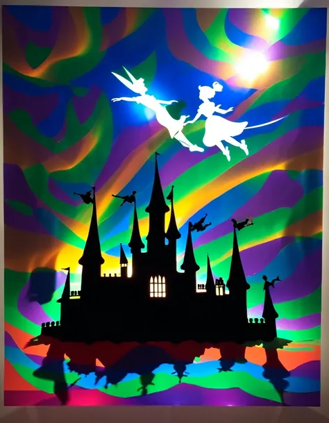 Shadow art using colored cellophane, Peter Pan themed shadow art, Peter Pan and Wendy flying through the stars, castles made of colored cellophane, shining stars