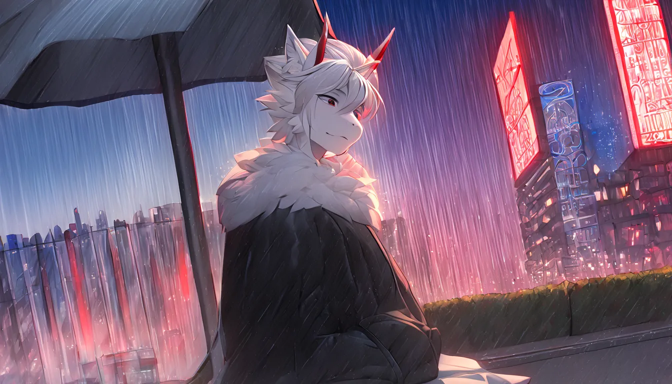 White Dragon Fluffy Red Horned Skinny Femboy All White Evening Dress Cool White Wings White Hair City Place Rain Fairy Wings Handsome Hairstyle Handsome Face Sitting at Bus Stop 4k Pictures Handsome looking dragons