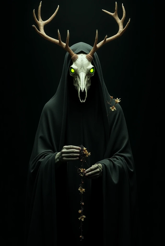 hello,  good morning you could create an image that represents a humanoid creature,  with a deer skull on its head ,  bright green eyes , a dark aura ,  a kind of black fog ,  that serves as a tunic ,  wilted flowers on its body and an inverted rosary in i...