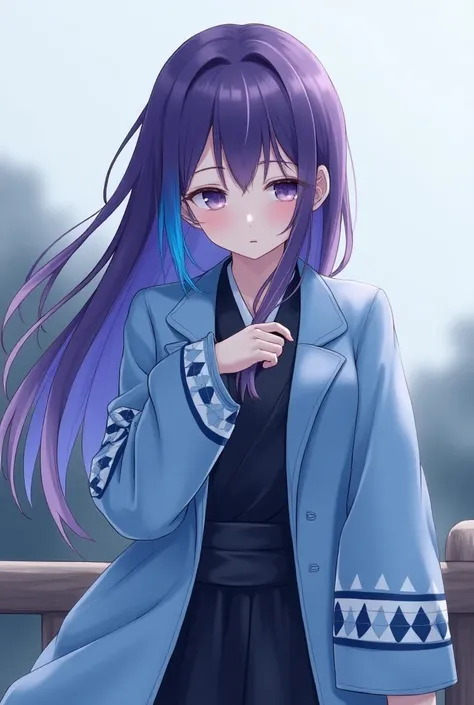 Attractive anime girl with purple long hair、 
Turn a section of the side of the bangs blue.　
 blue highlights on the side of her bangs 　Part of the bangs is blue　　A blue coat with a white triangular pattern arranged in a row on the cuffs　Light blue coat
bl...