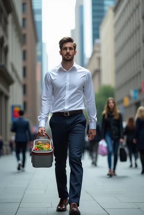 A young man with office attire bring packed meal