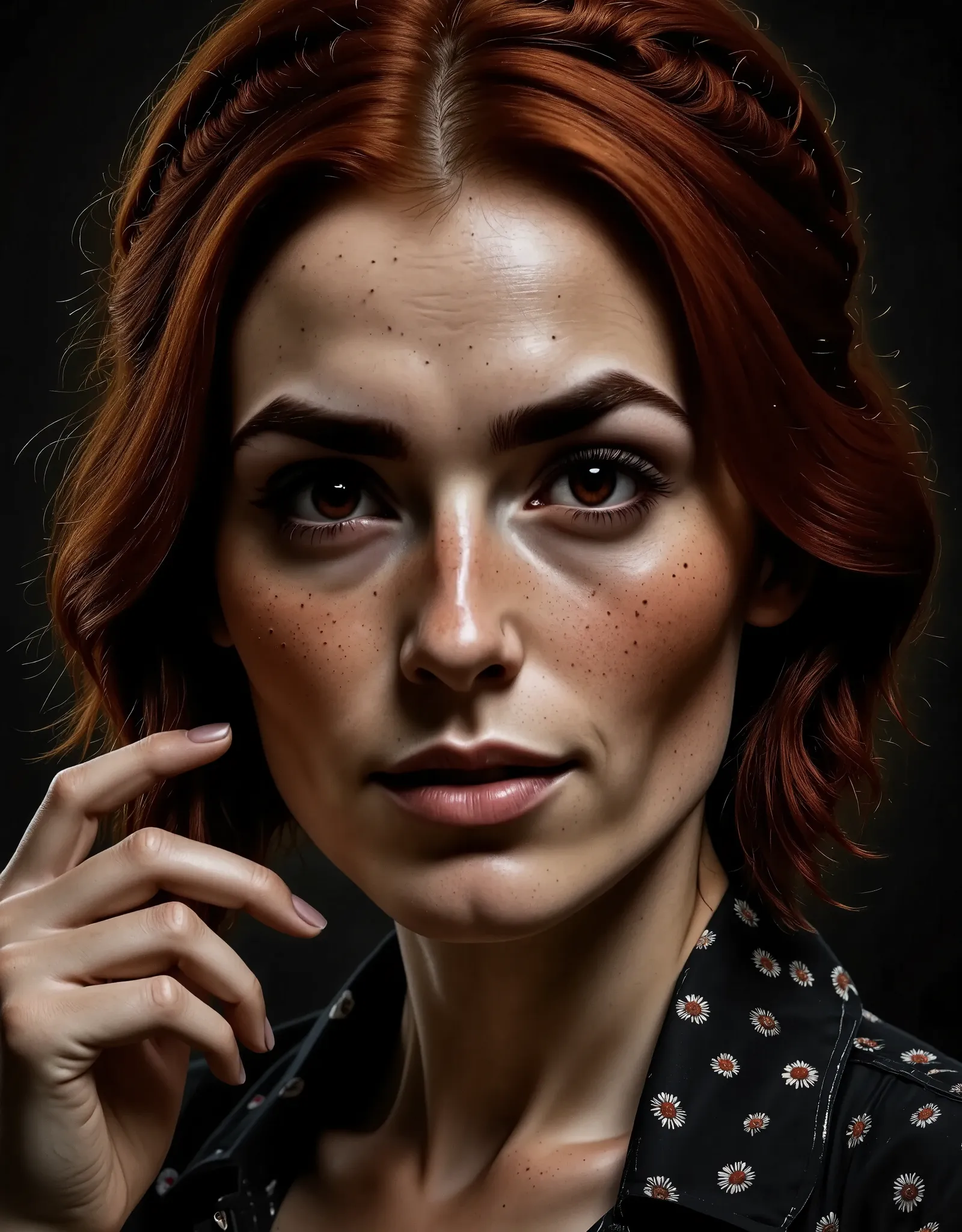 photorealistic, cinematic style, close-up portrait picture of a beautiful british woman. she has brown eyes, downturned eye shap...