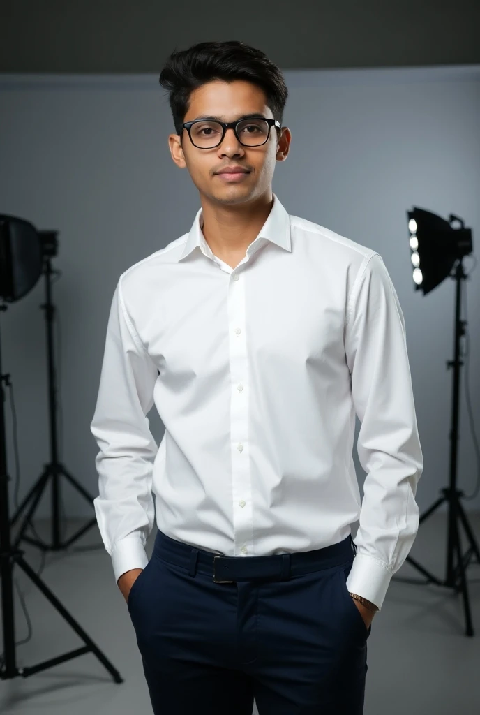 18 year old Indian boy wearing formals and glasses posing hand pocketout for linkedin YouTube studio setup jn background 