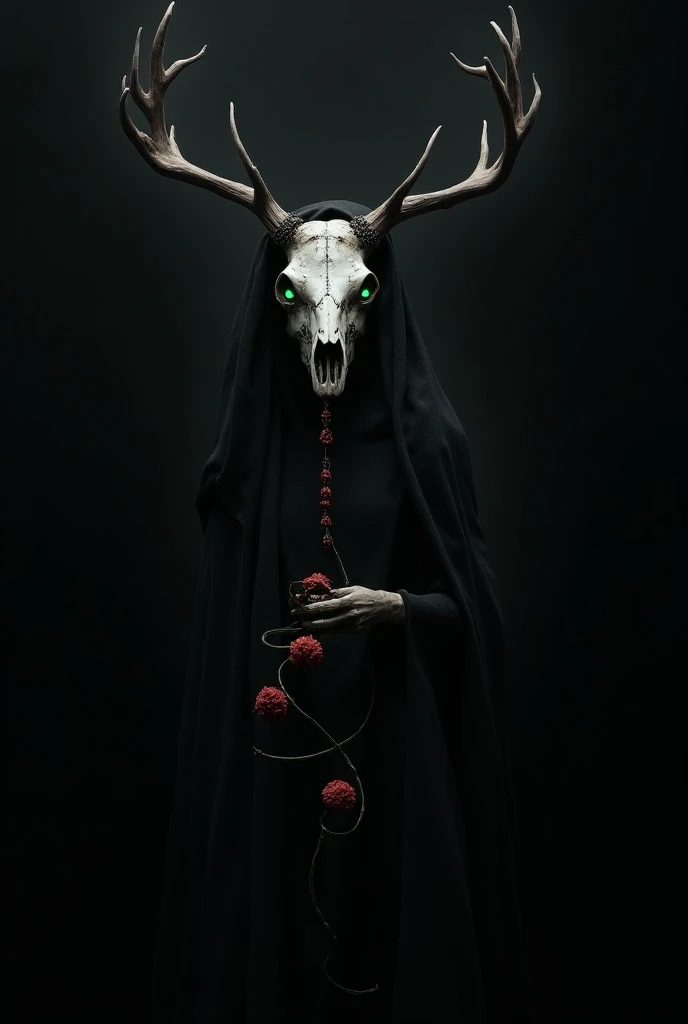 hello,  good morning you could create an image that represents a humanoid creature,  with a deer skull on its head ,  bright green eyes , a dark aura ,  a kind of black fog ,  that serves as a tunic , wilted flowers running through her body and an inverted...