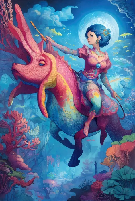 There is a picture of a woman riding a bicycle underwater,  Whimsical Fantasy Scenery , Surreal concept art,  4k Highly Detailed Digital Art, Highly detailed official artwork,  fantasy matte painting， Fantasy Painting Style ,  Colorful Concept Art ,  magic...