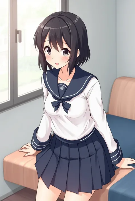 Pretty young adult girl with short black hair with black eyes with big breasts wearing a sailors school uniform wearing a white shirt with blue and a short blue skirt background a living room.(anime style.)