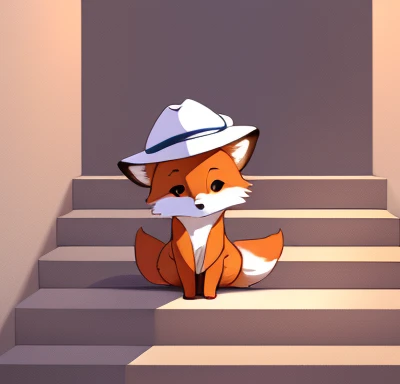 masterpiece, Best Quality, 8k,  Hi-Res,  simple illustration , ((Wore a white hat with a star))，Chibi character,red brown fox ,  relax,Stone stairs, cute, Minimalist,  Orange and white fur , Personification,  soft lighting ,   white stone background ,   wa...