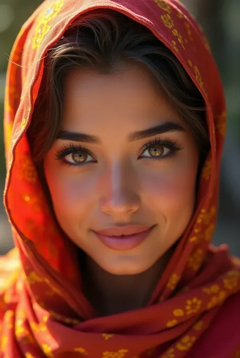 A woman with brown eyes, realistic beauty, bright colors, great details, and hair, wears a hijab that covers the bottom of her hair