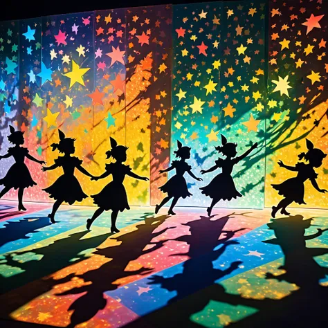 Shadow art using colored cellophane, Peter Pan themed shadow art, Peter Pan and Wendy flying through the stars, castles made of colored cellophane, shining stars, colorful fantasy, dramatic shadows, dreamlike, vibrant colors, magical