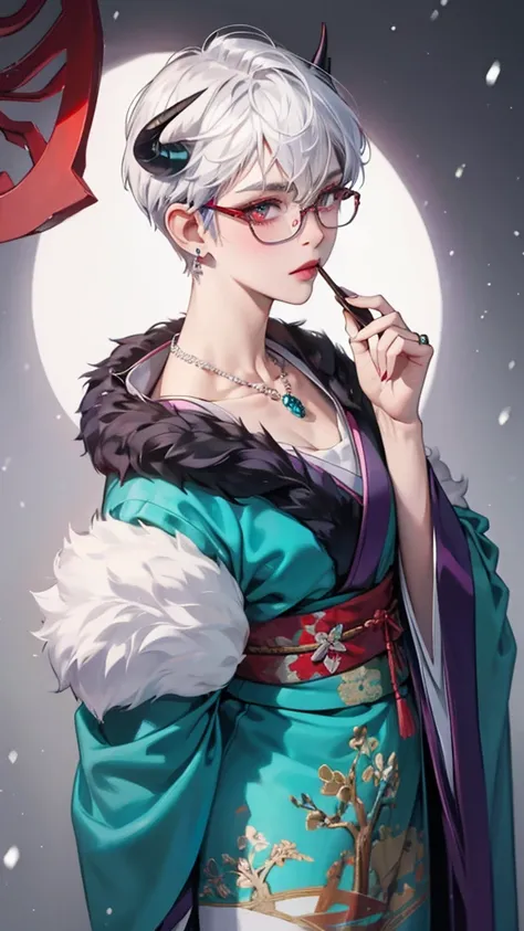 8k, masterpiece, best quality, highly detailed, 1 girl, devil, demon horns, warlock, pixie cut, white hair, multicolored hair, very short straight hair, red highlight hair on white hair, stippled hair, wearing glasses, round glasses, earrings, red eyeshado...