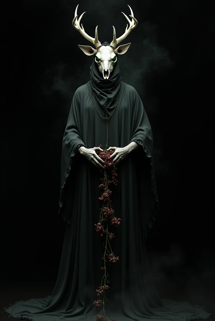 hello,  good morning you could create an image that represents a humanoid creature,  with a deer skull on its head ,  bright green eyes , a dark aura ,  a kind of black fog ,  that serves as a tunic , wilted flowers running through her body and an inverted...