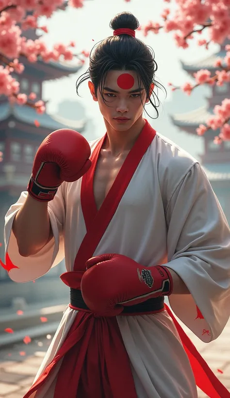 "A graceful yet strong boxer inspired by the Japanese Crane, symbolizing Japan. The fighter has crane-like features, with slender yet powerful limbs and a red patch on the head that mirrors the crane’s distinctive red crown. He wears a white and red robe o...