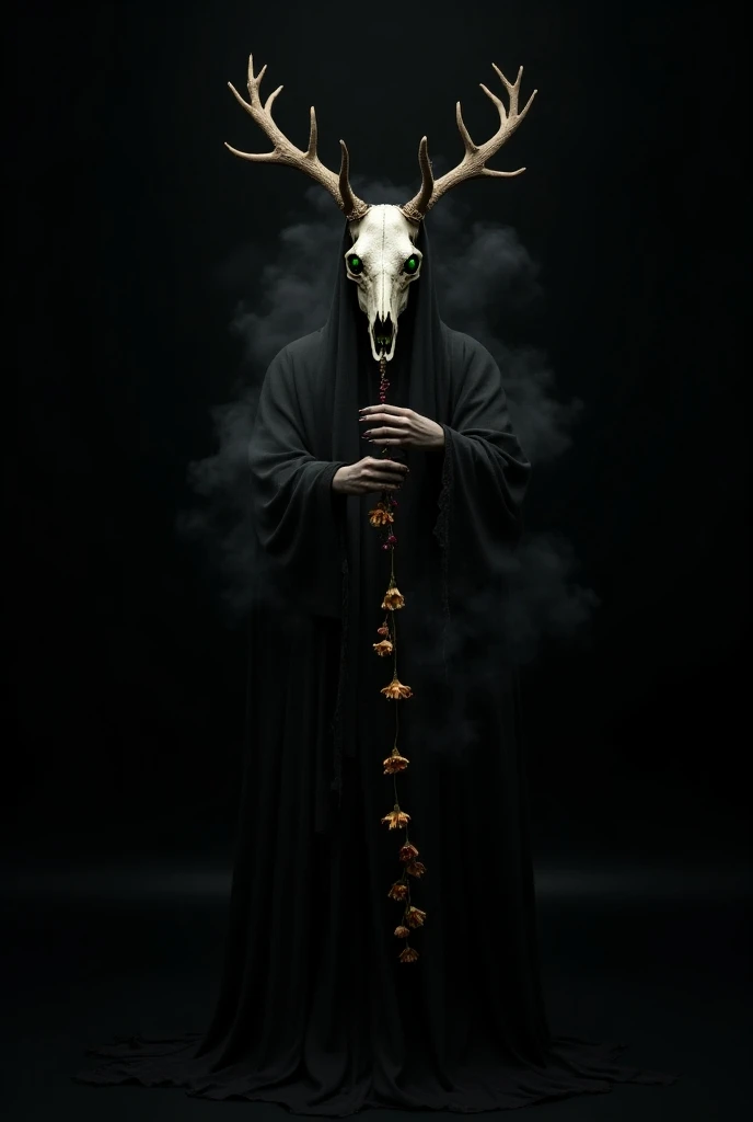 hello,  good morning you could create an image that represents a humanoid creature,  with a deer skull on its head ,  bright green eyes , a dark aura ,  a kind of black fog ,  that serves as a tunic , wilted flowers running through her body and an inverted...