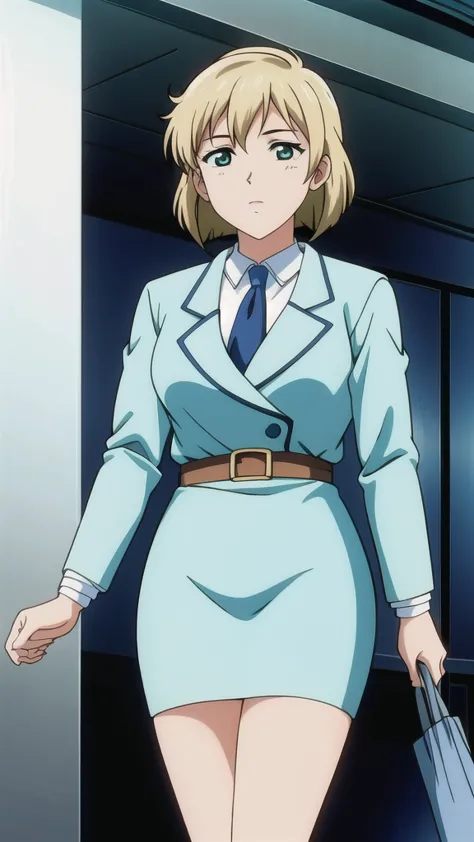 Blonde、 bob cut、Green Eyes、悲しface、 Full Body Style 、 normal breasts、 narrow waist 、Bare legs、 blue jacket ,襟付きshirt, shirt, yellow tie ,belt,,  Blue Mini Pencil Skirt, black tights，White pumps，My legs are slightly flabby， OFFICIAL ART, Extremely Fine CG Un...