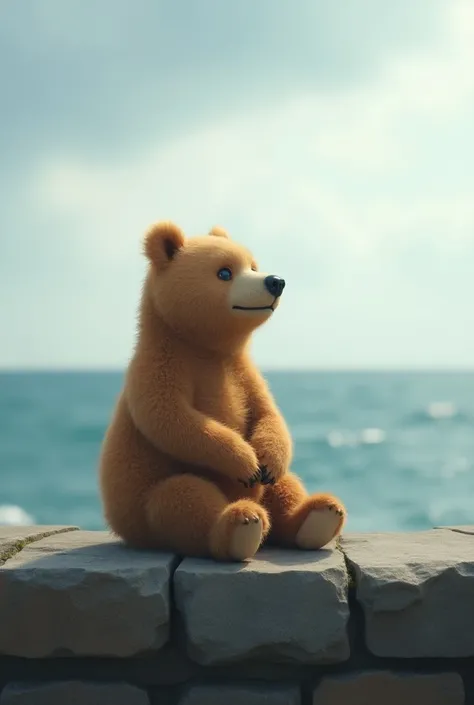 A little brown bear sitting on a wall watching the sea 