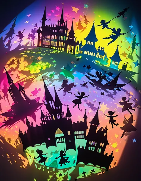 Shadow art using colored cellophane, Peter Pan themed shadow art, Peter Pan and Wendy flying through the stars, castles made of colored cellophane, shining stars, colorful fantasy, dramatic shadows, dreamlike, vibrant colors, magical