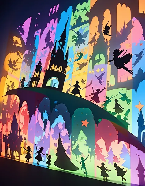 Shadow art using colored cellophane, Peter Pan themed shadow art, Peter Pan and Wendy flying through the stars, castles made of colored cellophane, shining stars, colorful fantasy, dramatic shadows, dreamlike, vibrant colors, magical