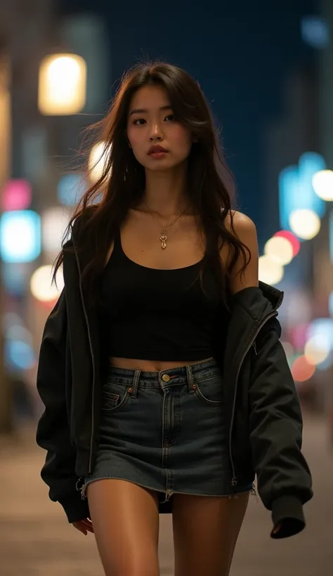 A captivating night-time street photograph featuring, slender korean woman walking gracefully under the soft glow of a street lamp. She wears a stylish mini skirt, creating an edgy vibe for her outfit. Her tank top is paired with an unzipped hoodie that fl...