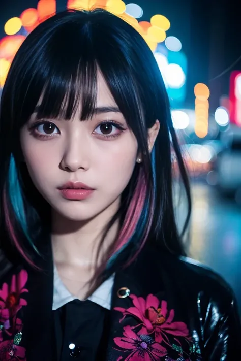  Japanese Woman Like An Idol ,Long Hair , straight hair, Round face , bust up , (close), Portraiture, Portraiture, (Alone), masterpiece, Best Quality, High contrast clothing,  psychedelic , [[[LSD]]], particle, bloom,  Neon Lighting, (Shine),  flat color, ...