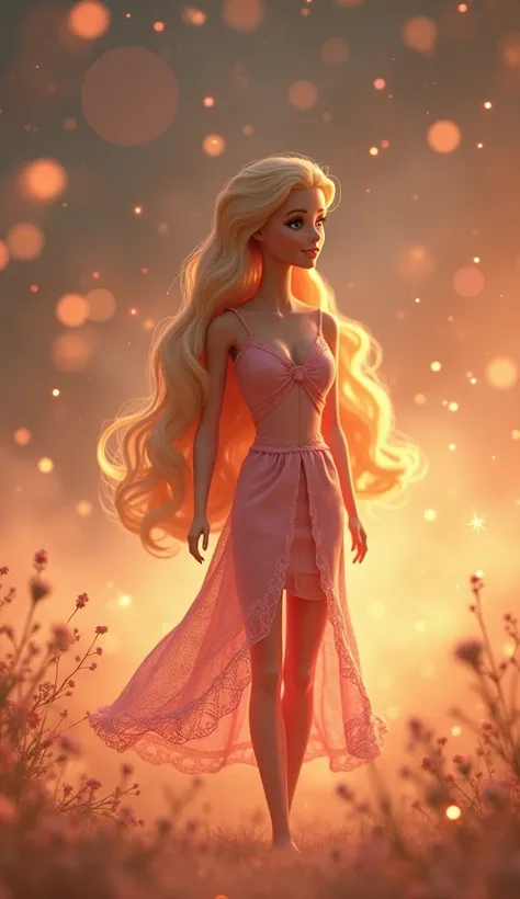 Barbie in a sentimental, heartwarming scene, with soft, warm light surrounding her as she stands with a gentle, timeless smile. The background is filled with faint memories, like photos, stars, and sparkles that symbolize cherished moments."