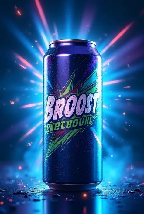  energy drink in a can with the name EnergiBoost in blue, purple, green, With rays and with the slogan recharge your energy and enjoy your day 