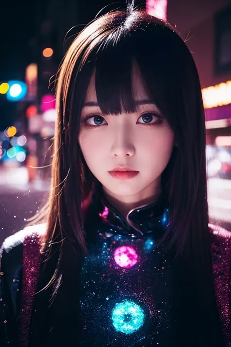  Japanese Woman Like An Idol ,Long Hair , straight hair, Round face , bust up , (close), Portraiture, Portraiture, (Alone), masterpiece, Best Quality, High contrast clothing,  psychedelic , [[[LSD]]], particle, bloom,  Neon Lighting, (Shine),  flat color, ...