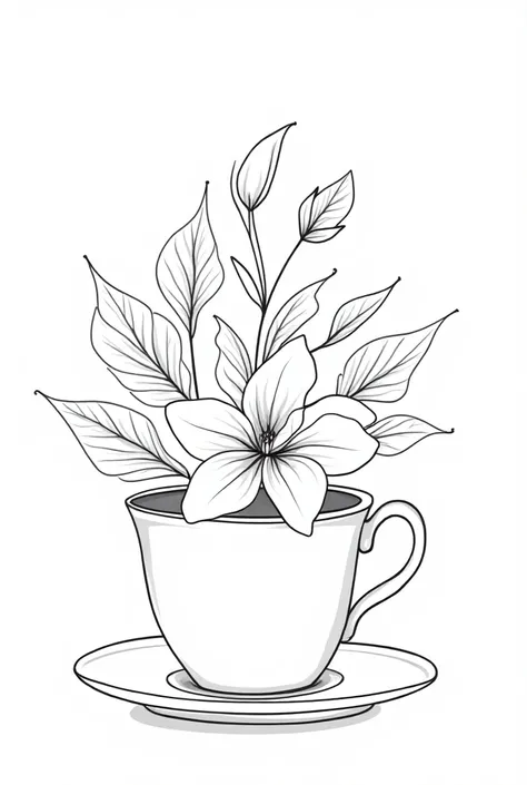 french setting, big teacup in side, French flowers, French poster style black outline design, line art, thick black outline, french theme flower art design. flowers, leaves in wave form, enough space to color