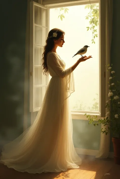 Emma stands by the open window, her hand outstretched as the bird perches on her finger. The bird spreads its wings, ready to take flight.
- Style: Dramatic, airy illustration with sunlight and misty background.