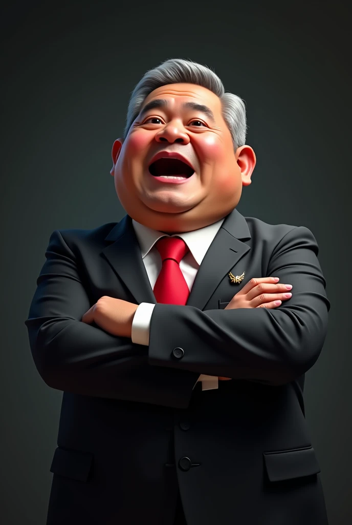 Hyperrealistic 5d caricature of an excited Indonesian man wearing a full suit, red tie and garuda pin, folding his arms across his chest. The character has a focused expression, short gray hair, a fat body, wearing a black peci. The background is dark and ...